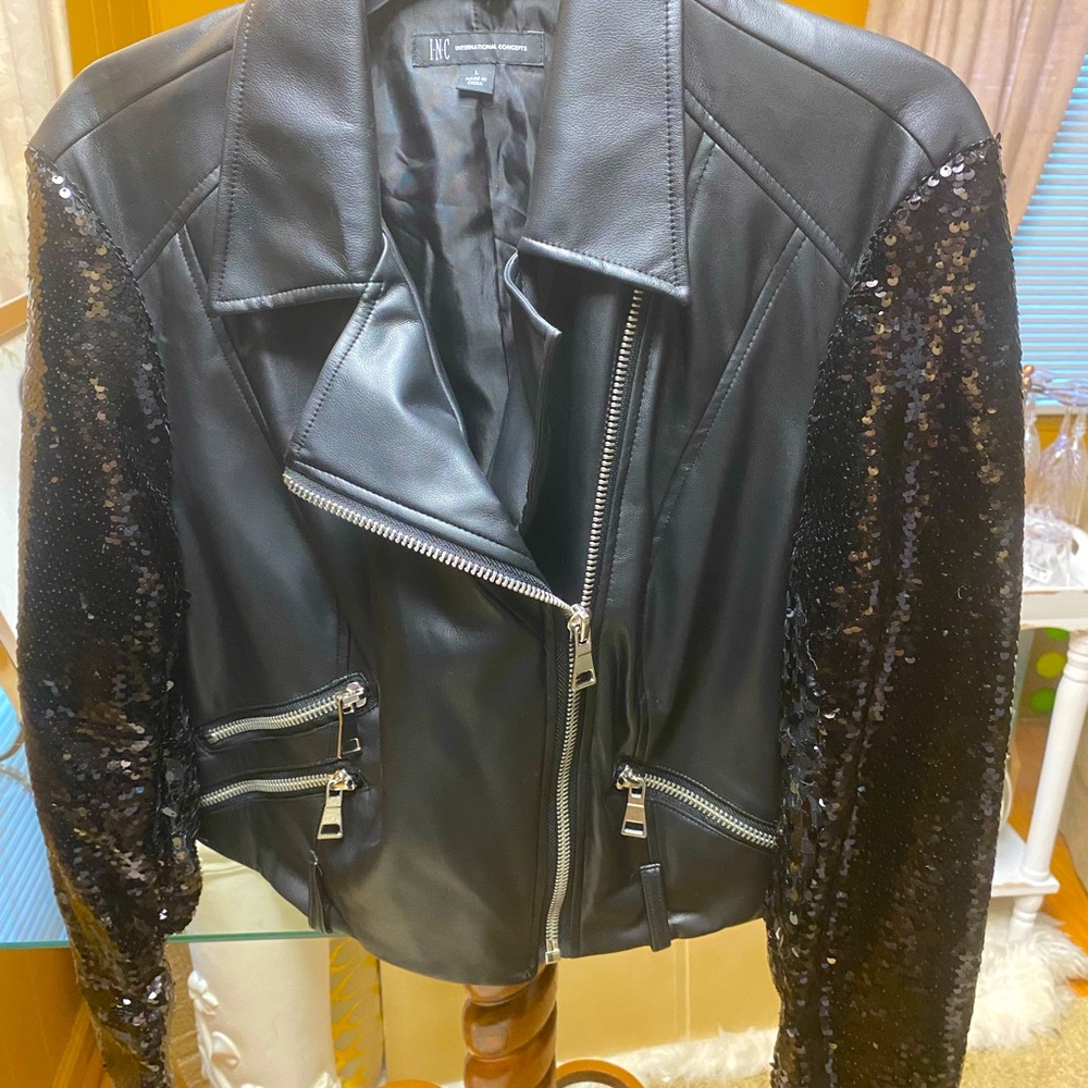 INC international faux leather jacket w/ sequin sleeves